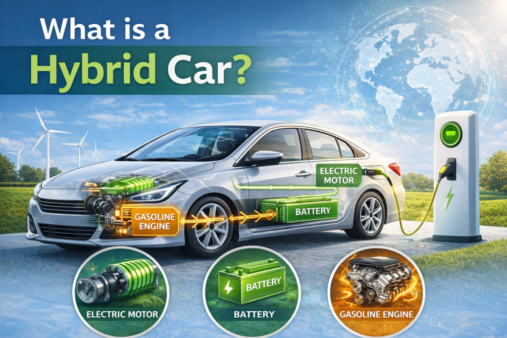 what is a hybrid car diagram showing electric motor battery and gasoline engine working