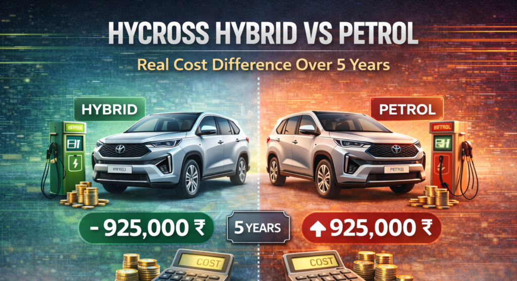 Toyota Hycross hybrid vs petrol cost comparison over 5 years showing fuel savings and total ownership cost difference