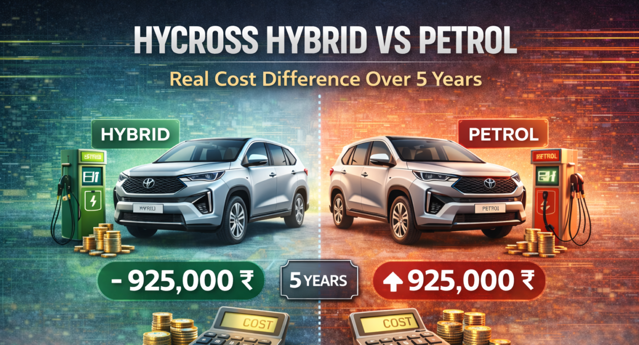 Toyota Hycross hybrid vs petrol cost comparison over 5 years showing fuel savings and total ownership cost difference