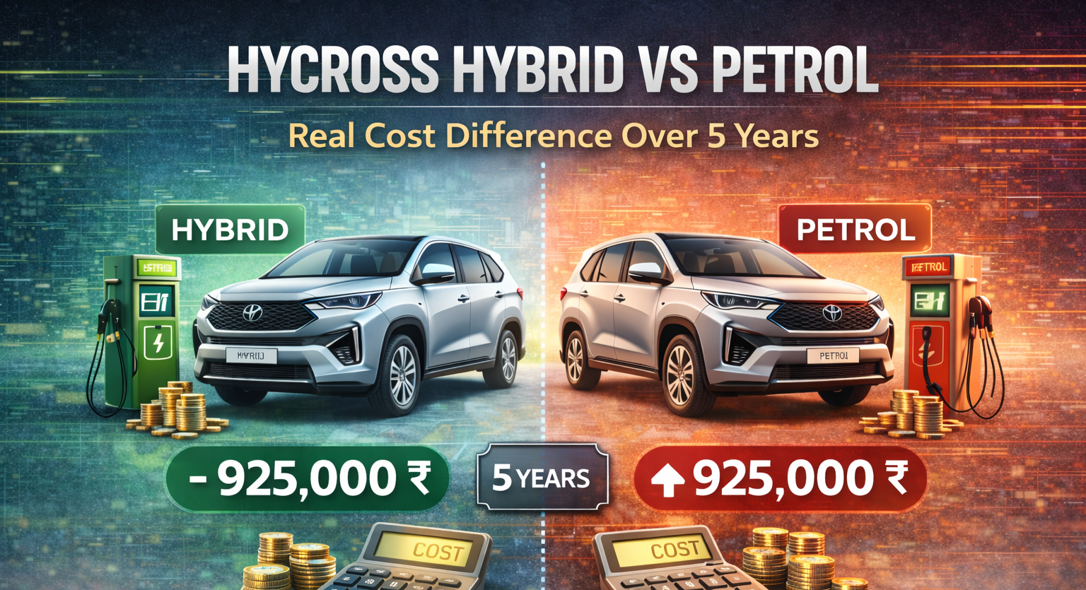 Toyota Hycross hybrid vs petrol cost comparison over 5 years showing fuel savings and total ownership cost difference