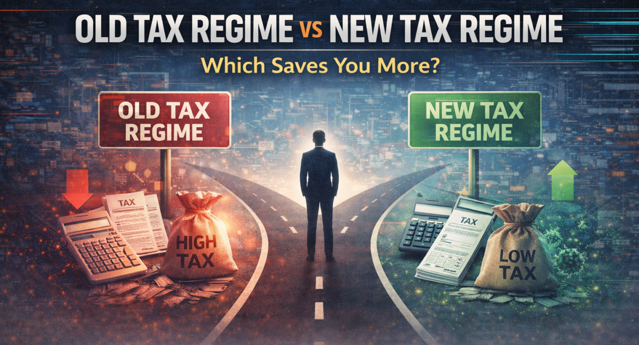 Comparison illustration of the Old Tax Regime vs New Tax Regime 2026 in India highlighting tax savings, deductions, and income tax benefits.