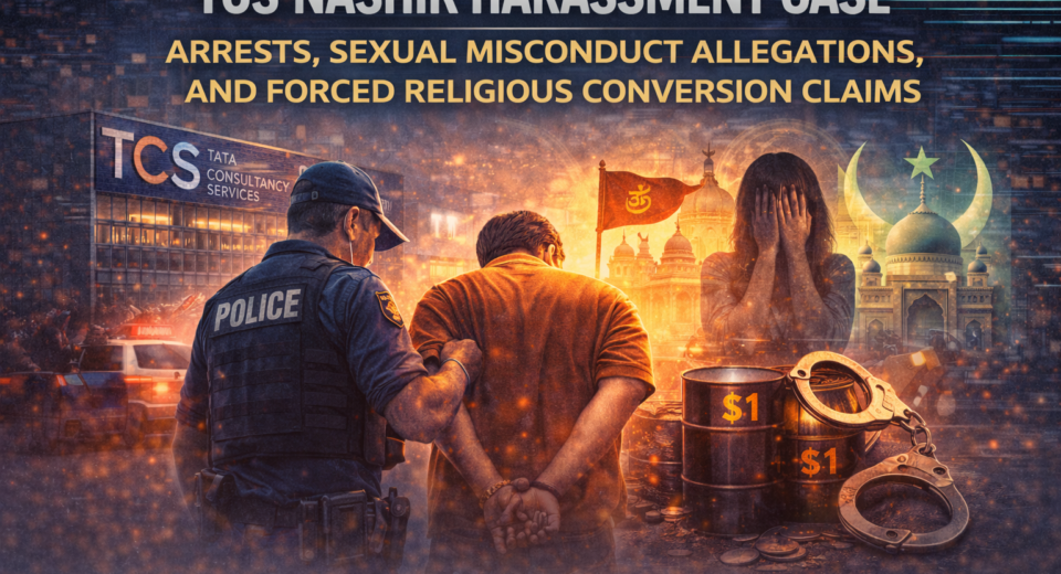 TCS Nashik harassment case illustration depicting workplace misconduct allegations, arrests, and forced religious conversion claims involving Islam at Tata Consultancy Services