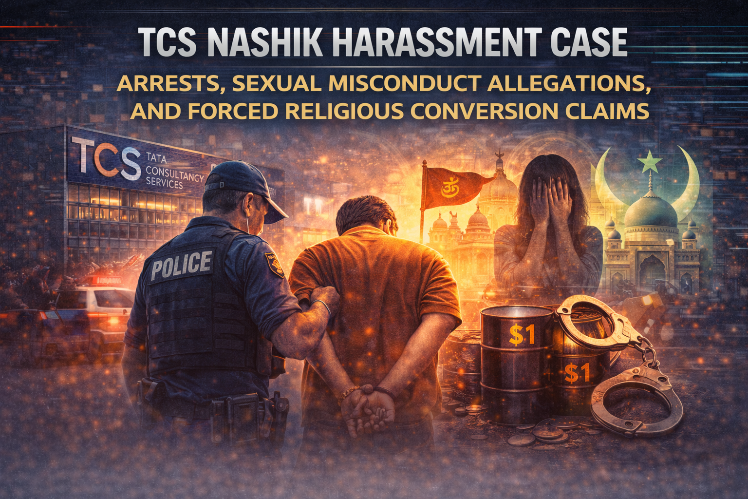 TCS Nashik harassment case illustration depicting workplace misconduct allegations, arrests, and forced religious conversion claims involving Islam at Tata Consultancy Services