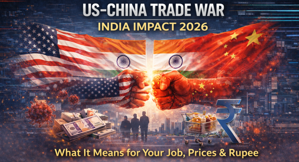 Illustration of the US–China trade war and its economic impact on India in 2026, highlighting effects on jobs, inflation, and the Indian rupee.