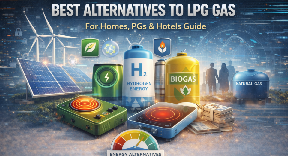 alternatives to LPG gas including induction stove, solar panels, biogas, hydrogen energy and natural gas for homes and hotels
