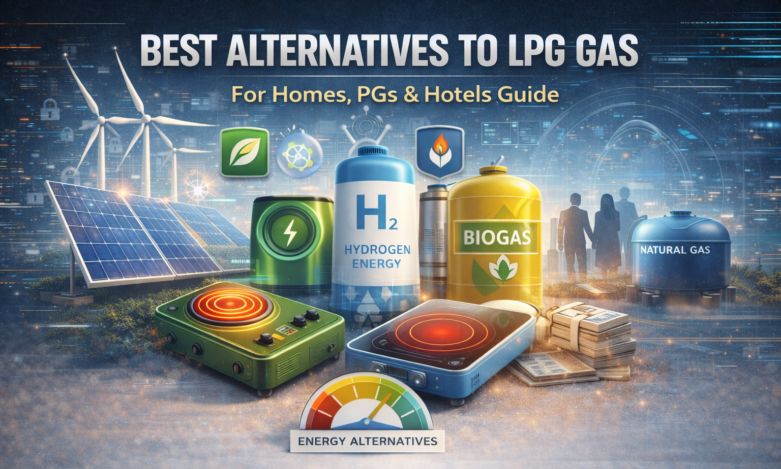 alternatives to LPG gas including induction stove, solar panels, biogas, hydrogen energy and natural gas for homes and hotels