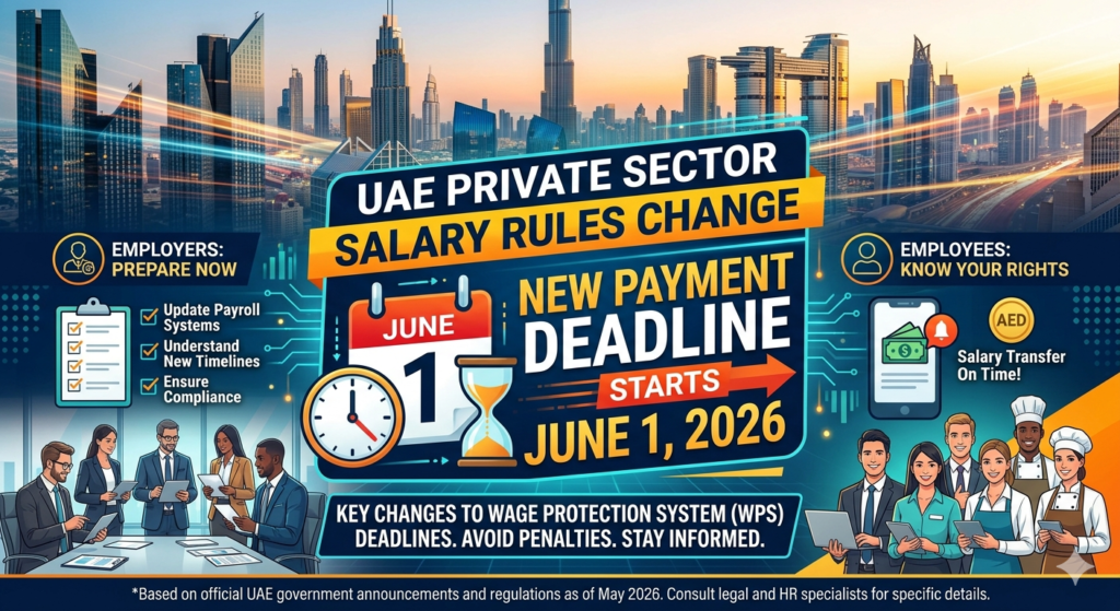 A bilingual (English and Arabic) infographic detailing the upcoming policy shift for UAE private sector wage regulations, effective June 1, 2026.