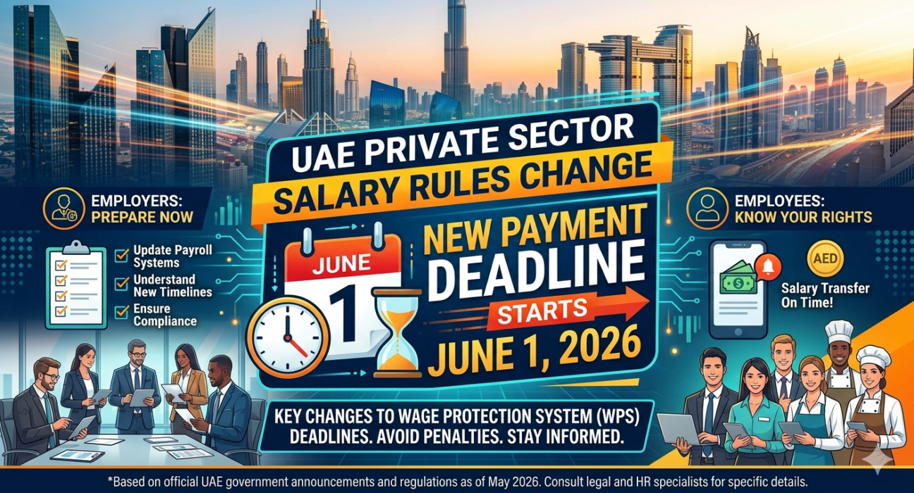 A bilingual (English and Arabic) infographic detailing the upcoming policy shift for UAE private sector wage regulations, effective June 1, 2026.