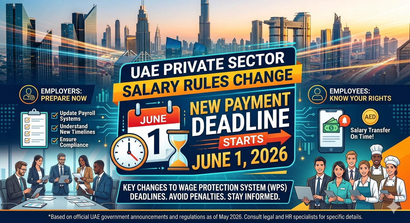 A bilingual (English and Arabic) infographic detailing the upcoming policy shift for UAE private sector wage regulations, effective June 1, 2026.