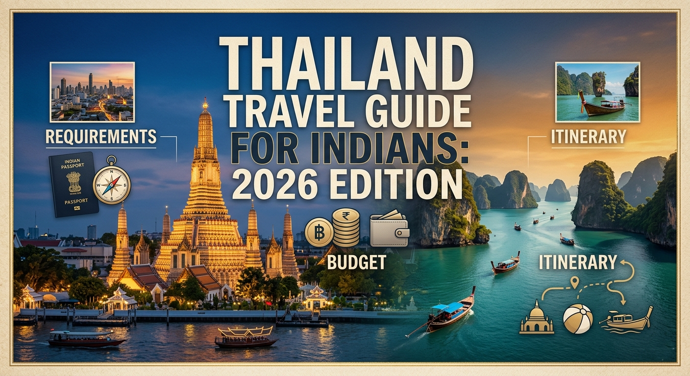 A cinematic travel cover graphic designed to introduce a comprehensive guide for Indian travelers visiting Thailand in 2026.