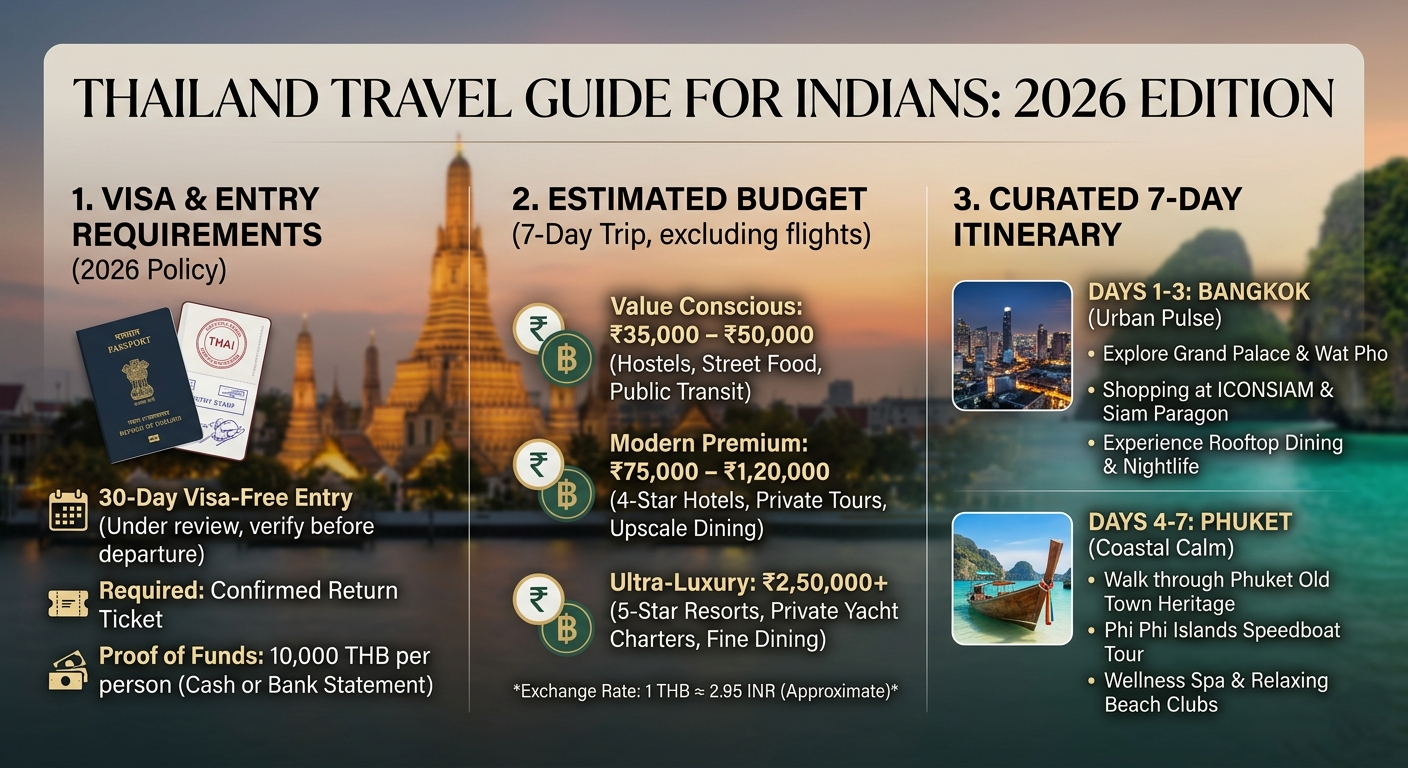 A cinematic travel cover graphic designed to introduce a comprehensive guide for Indian travelers visiting Thailand in 2026 Infographic