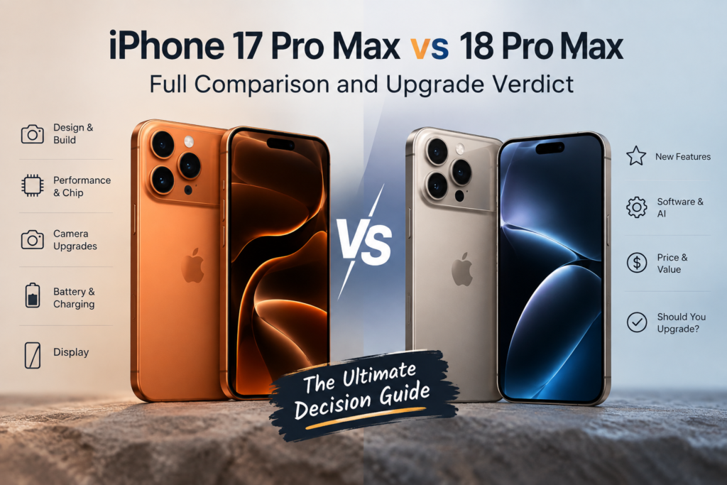 A burgundy phone and a burnt-orange phone standing side by side on a dark slate surface, shown from the back with their wide camera plateaus facing the viewer