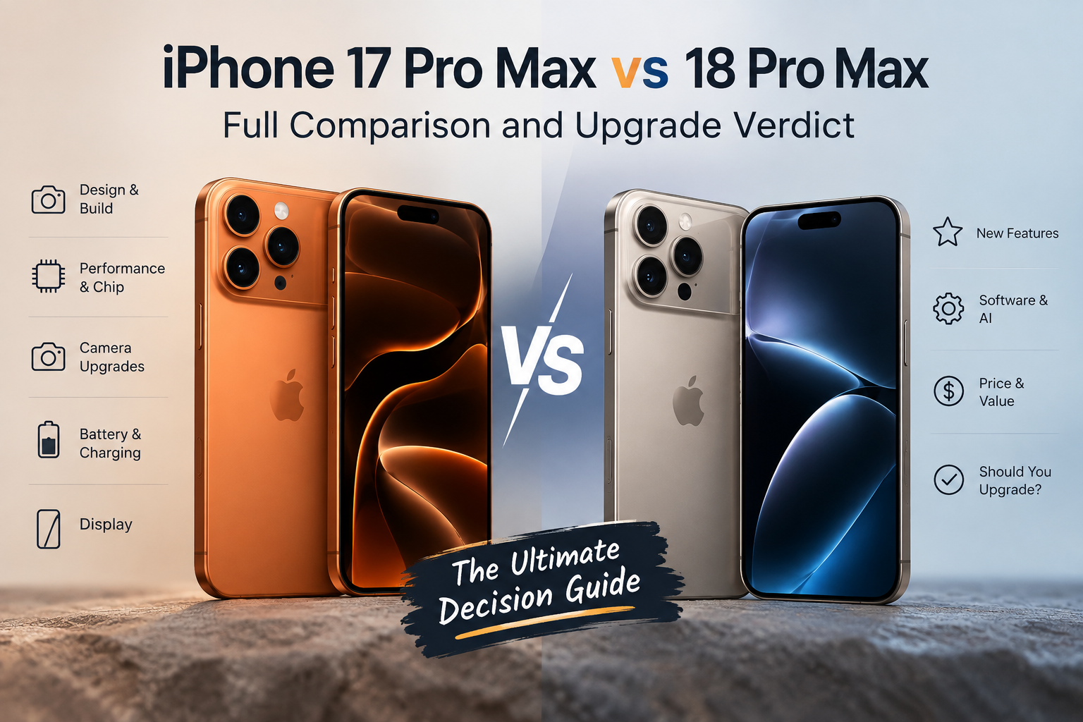 A burgundy phone and a burnt-orange phone standing side by side on a dark slate surface, shown from the back with their wide camera plateaus facing the viewer